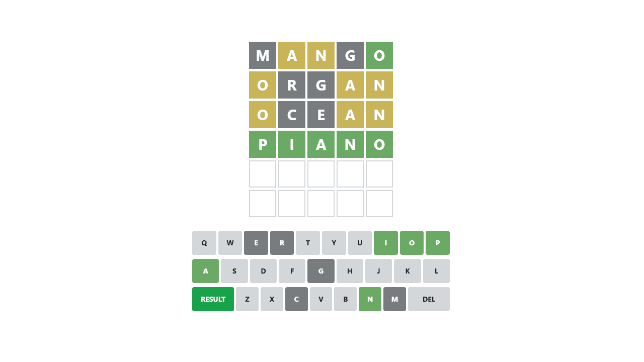 Custom Wordle game interface showing a personalized Wordle puzzle